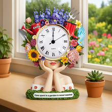Load image into Gallery viewer, Time Spent in a Garden is Never Wasted - Personalized Flower Head Girl Desk Clock Plaque - Gift for Gardening Lovers Clock Plaques PopCulturePrints