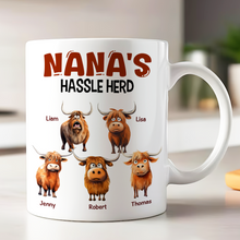 Load image into Gallery viewer, Personalized Mama's Hassle Herd Coffee Mug - Funny Highland Cow Gift Coffee Mug PopCulturePrints