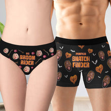 Load image into Gallery viewer, Custom Halloween Couple Boxer Briefs - Big Broom Rider & Pumpkin Snatch Finder Boxer Briefs PopCulturePrints