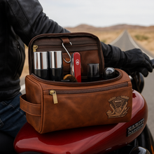 Load image into Gallery viewer, "Adventure Awaits: Personalize Your Ride" - Motorcycle Mechanical Men Leather Toiletry Bag, Perfect Gift for Bikers Toiletry Bag PopCulturePrints