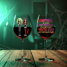 Load image into Gallery viewer, “Partners in Crime for Halloween!” - Spooky Dolls Personalized Wine Glass - Custom Gift for Besties and Drinking Lovers Wine Glass PopCulturePrints