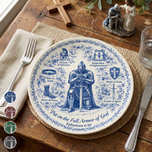 Load image into Gallery viewer, “Put on the Full Armor of God” - Kneeling Knight Round Ceramic Plate - Personalized Gifts for Christians Ceramic Round Plate PopCulturePrints