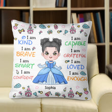Load image into Gallery viewer, Personalized Princess Affirmation Pillow for Kids - I Am Kind & Brave Pillow PopCulturePrints