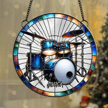 Load image into Gallery viewer, Personalized Suncatcher Ornament for Drum Lovers - Skeleton Drummer Design Suncatcher PopCulturePrints
