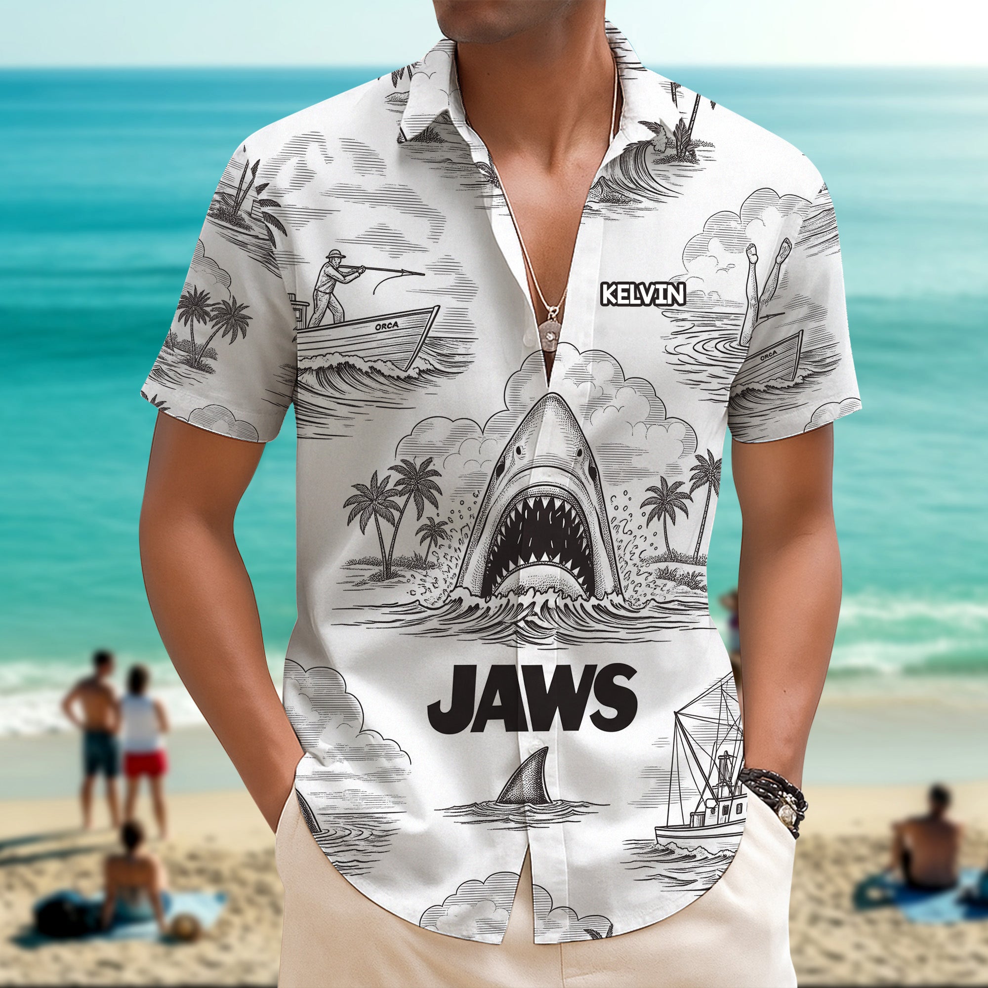 "Unleash Your Inner Shark!" - Personalized Shark Toile De Jouy Style Hawaiian Shirt - Custom Gift for Movie Lovers, Fathers, and Friends Hawaiian Shirts PopCulturePrints