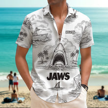 Load image into Gallery viewer, "Unleash Your Inner Shark!" - Personalized Shark Toile De Jouy Style Hawaiian Shirt - Custom Gift for Movie Lovers, Fathers, and Friends Hawaiian Shirts PopCulturePrints