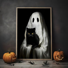 Load image into Gallery viewer, Mystical Black Cat & Ghost Canvas Print - Halloween Decor Poster & Canvas PopCulturePrints