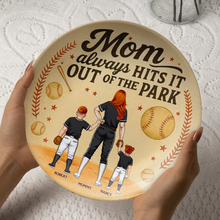 Load image into Gallery viewer, Mom Always Hits It Out Of The Park - Personalized Baseball Mom Ceramic Round Plate Gift Ceramic Round Plate PopCulturePrints