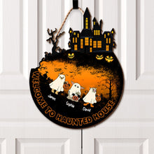 Load image into Gallery viewer, Customizable Family Halloween Wood Sign - Haunted House Welcome Wood Sign PopCulturePrints