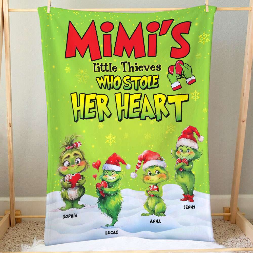 Mimi's Little Thieves who Stole Her Heart, Personalized Blanket for Grandma, Green Kids Christmas Blanket Blanket PopCulturePrints