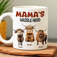 Load image into Gallery viewer, Personalized Mama's Hassle Herd Coffee Mug - Funny Highland Cow Gift Coffee Mug PopCulturePrints