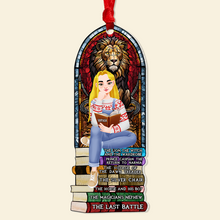 Load image into Gallery viewer, Custom Ornament for Book Enthusiasts - Girl on Book Stack Ornament PopCulturePrints