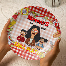 Load image into Gallery viewer, "Grill Like a Pro with Your Family's Names - Personalized Ceramic Round Plate for Mom" Ceramic Round Plate PopCulturePrints