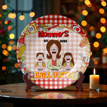 Load image into Gallery viewer, "Grill Like a Pro with Your Family's Names - Personalized Ceramic Round Plate for Mom" Ceramic Round Plate PopCulturePrints