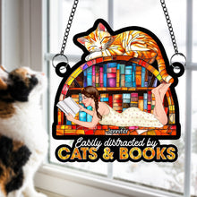 Load image into Gallery viewer, Personalized Suncatcher Ornament for Book Lovers - Easily Distracted by Cats & Books Ornament PopCulturePrints