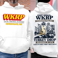 Load image into Gallery viewer, WKRP Thanksgiving Turkey Drop Hoodie Shirts PopCulturePrints