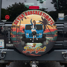 Load image into Gallery viewer, Never Underestimate a Jeep Girl Personalized Tire Cover Tire Covers PopCulturePrints