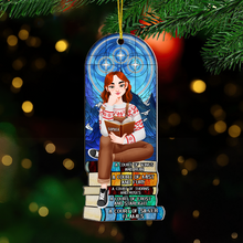 Load image into Gallery viewer, Personalized Christmas Book Lover's Ornament - Girl Reading on Book Stack Ornament PopCulturePrints