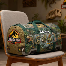 Load image into Gallery viewer, "Explore the Jurassic World with Every Adventure" - Adventure Quilted Duffle Bag - Personalized Dinosaur Gift for Kids and Adults Quilted Duffle Bag PopCulturePrints
