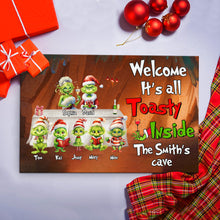 Load image into Gallery viewer, Cozy Green Monster Family Personalized Christmas Door Mat Doormat PopCulturePrints