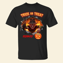 Load image into Gallery viewer, "Trick or Treat" - Classic Horror Shirt - Personalized Halloween Gift for Movie Fans Shirts PopCulturePrints