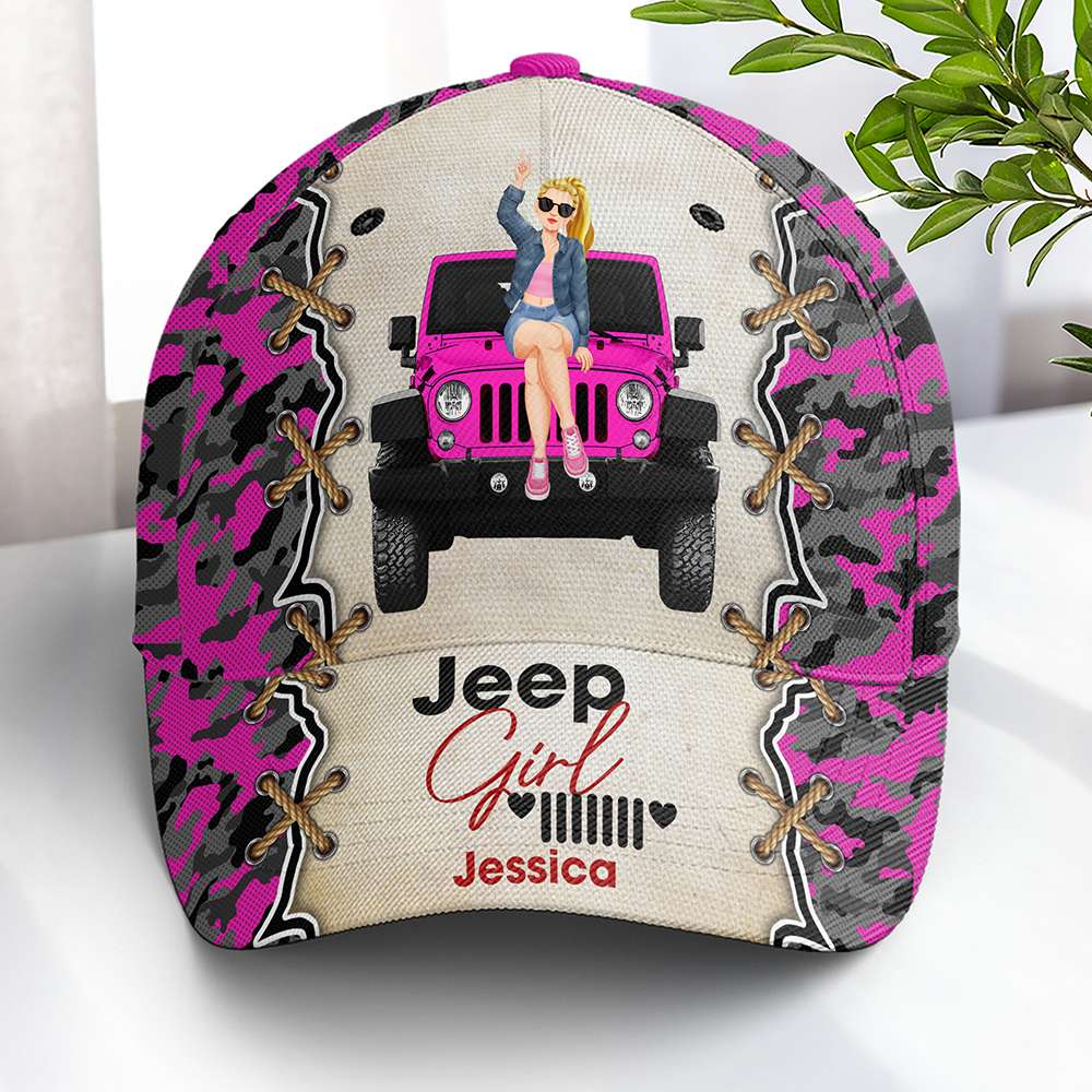 Personalized Jeep Girl Cap with Pink Camo Design Caps PopCulturePrints
