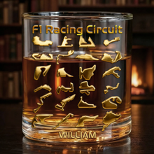Load image into Gallery viewer, “Speed Meets Elegance” - Personalized Racing Circuit Round Glass - Perfect Gift for Racing Fans Glass PopCulturePrints