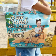 Load image into Gallery viewer, Sun, Sand, and a Drink in My Hand - Personalized Beach Bag Beach Bag PopCulturePrints