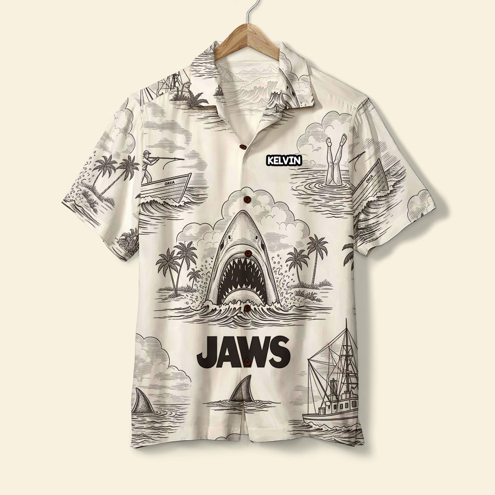 "Unleash Your Inner Shark!" - Personalized Shark Toile De Jouy Style Hawaiian Shirt - Custom Gift for Movie Lovers, Fathers, and Friends Hawaiian Shirts PopCulturePrints
