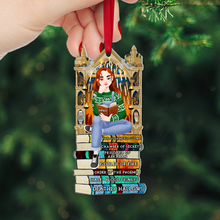 Load image into Gallery viewer, Personalized Christmas Ornament for Book Lovers - Girl Reading on Book Stack Ornament PopCulturePrints