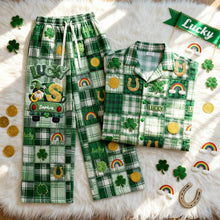 Load image into Gallery viewer, “Wear Your Luck this St. Patrick’s Day!” - St. Patrick’s Lucky Clover Button Up Pajamas - Personalized Gift for Friends and Family Pajama Set PopCulturePrints