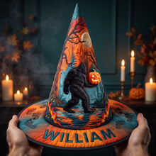 Load image into Gallery viewer, “Embrace the Spookiness: Squatching Through Halloween Witch Hat” - Personalized Gift for Bigfoot Lovers Quilted Witch Hat PopCulturePrints