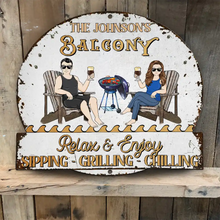 Load image into Gallery viewer, Personalized Pool & Patio Relaxation Sign - Chill with Style Custom Shaped Metal Sign PopCulturePrints