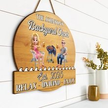 Load image into Gallery viewer, “Relax & Enjoy at Poolside Paradise” - Personalized Custom Shaped Wood Sign - Perfect Gift for Couples, Friends, and Family Wood Shaped Sign PopCulturePrints