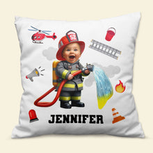 Load image into Gallery viewer, Personalized Kid Firefighter Pillow - Custom Photo Gift Pillow PopCulturePrints