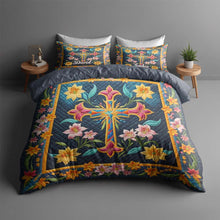 Load image into Gallery viewer, Personalized Christian Quilt Bedding Set - Cross & Lilies Design Blanket PopCulturePrints