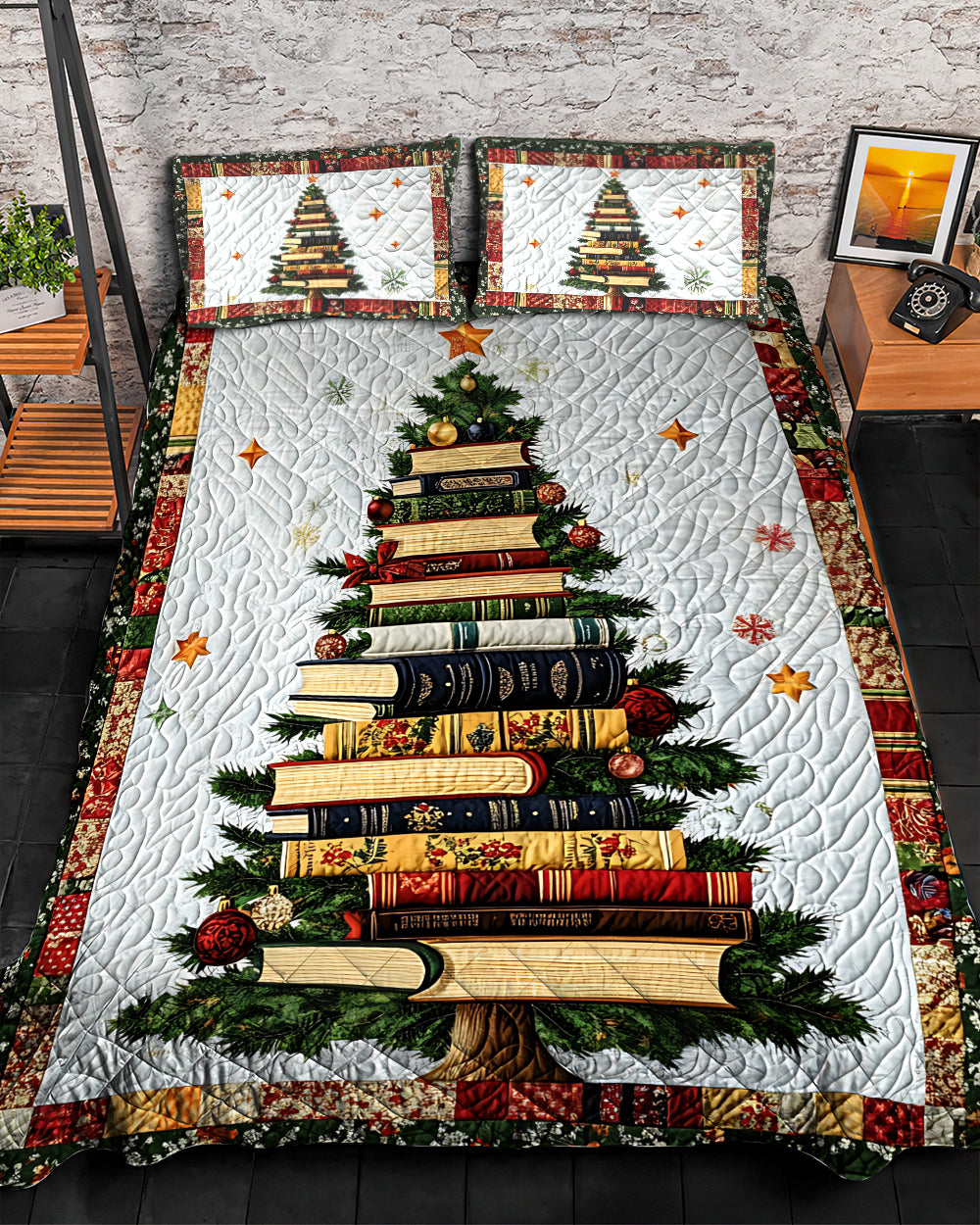 Christmas Tree Books Quilt Set: Cozy Gift for Book Lovers Blanket PopCulturePrints