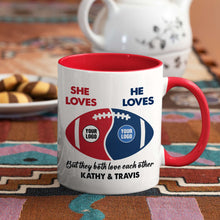 Load image into Gallery viewer, Personalized Football Couple Mug - Custom Team Logos Gift for Valentine's Day Gifts Coffee Mug PopCulturePrints