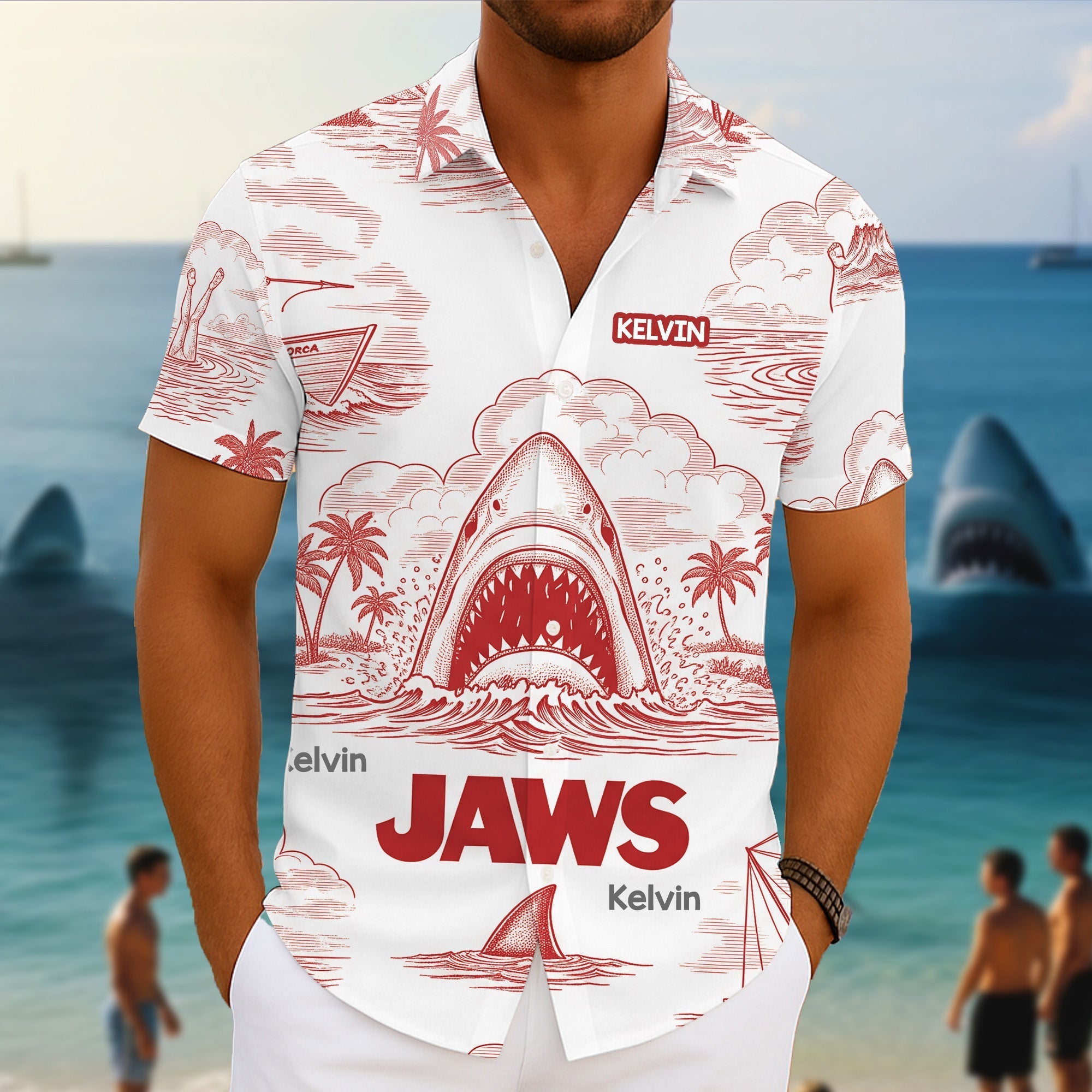 "Unleash Your Inner Shark!" - Personalized Shark Toile De Jouy Style Hawaiian Shirt - Custom Gift for Movie Lovers, Fathers, and Friends Hawaiian Shirts PopCulturePrints