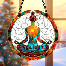 Load image into Gallery viewer, Personalized Christmas Yoga Suncatcher Ornament - Custom Name Stained Glass Suncatcher PopCulturePrints