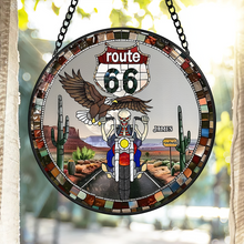 Load image into Gallery viewer, Personalized Route 66 Biker Suncatcher - Skull Motorcycle Stained Glass Suncatcher PopCulturePrints