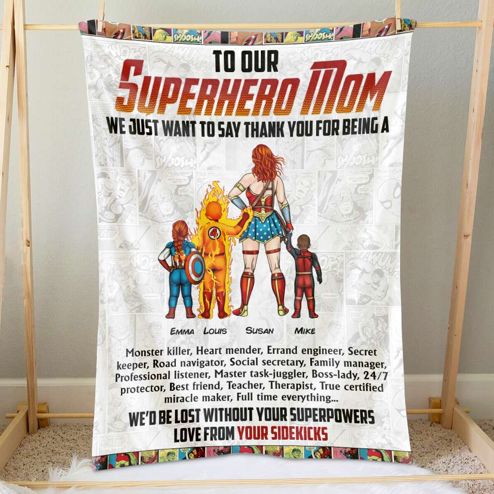 Superhero Mom Personalized Blanket - Custom Names Gift Blanket PopCulturePrints