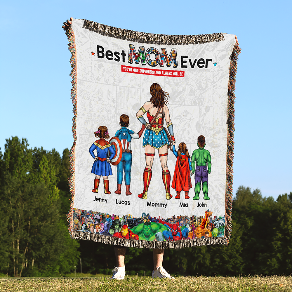 "You're our Superhero and always will be" - Personalized Woven Blanket for Mom - Perfect Gift for Mother's Day, Grandma & More Blanket PopCulturePrints