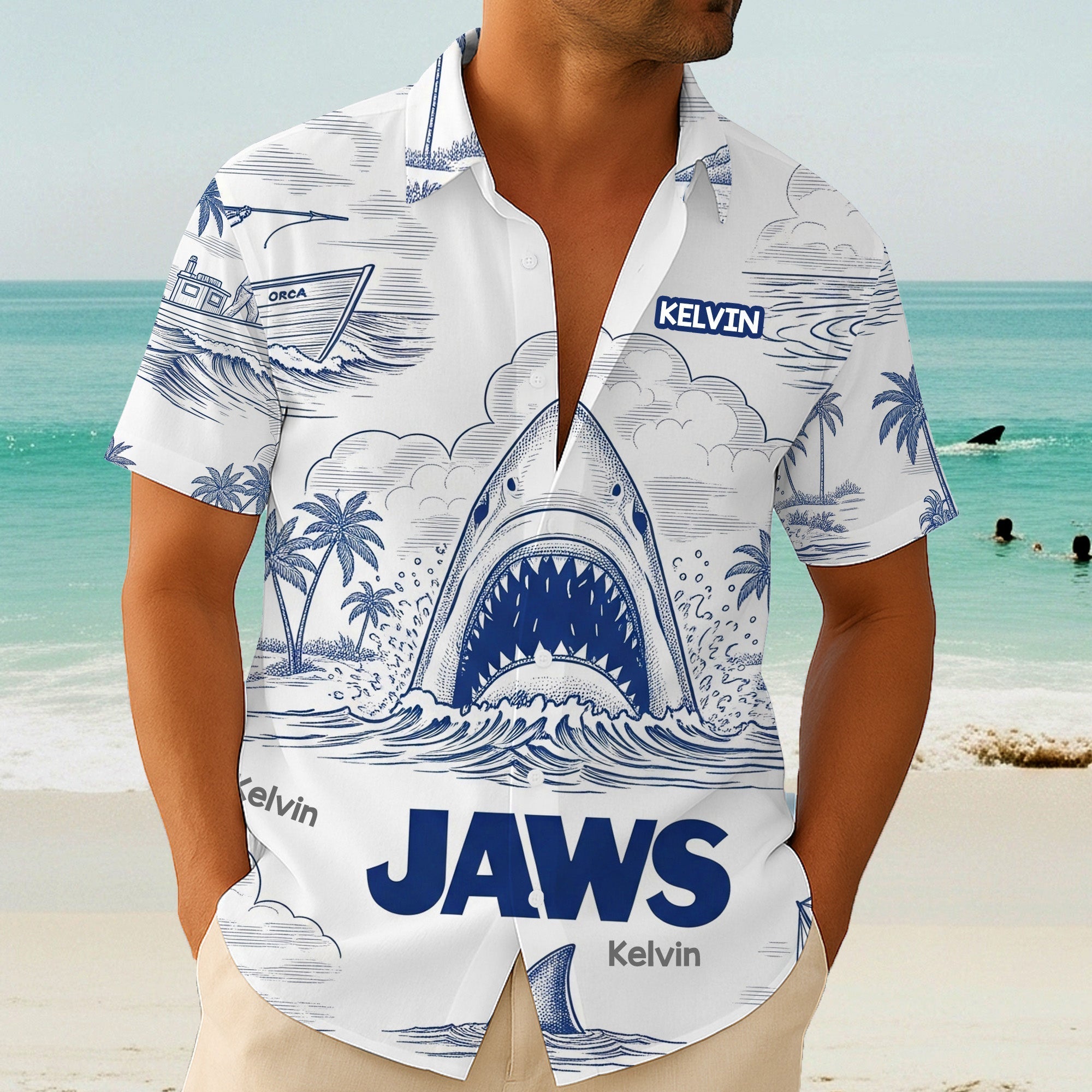 "Unleash Your Inner Shark!" - Personalized Shark Toile De Jouy Style Hawaiian Shirt - Custom Gift for Movie Lovers, Fathers, and Friends Hawaiian Shirts PopCulturePrints