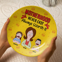 Load image into Gallery viewer, Motherhood Never Easy - Always Worth It Personalized Ceramic Round Plate for Mom & Grandma Ceramic Round Plate PopCulturePrints