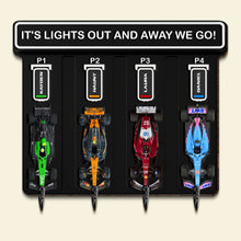Load image into Gallery viewer, "It's Lights Out and Away We Go!" - Personalized Pit Stop Racing Car Key Hanger - Perfect Gift for Car Lovers Wood Sign PopCulturePrints
