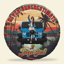 Load image into Gallery viewer, Never Underestimate a Jeep Girl Personalized Tire Cover Tire Covers PopCulturePrints