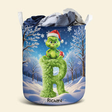 Load image into Gallery viewer, Personalized Christmas Alphabet Laundry Basket - Green Furry Design Laundry Basket PopCulturePrints