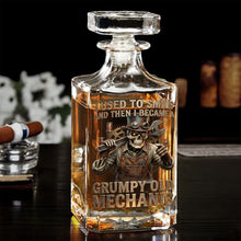 Load image into Gallery viewer, "I Used to Smile and Then I Became a" - Grumpy Old Mechanic Decanter Set - Personalized Gift for Mechanics Bottle PopCulturePrints