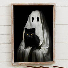 Load image into Gallery viewer, Mystical Black Cat & Ghost Canvas Print - Halloween Decor Poster & Canvas PopCulturePrints